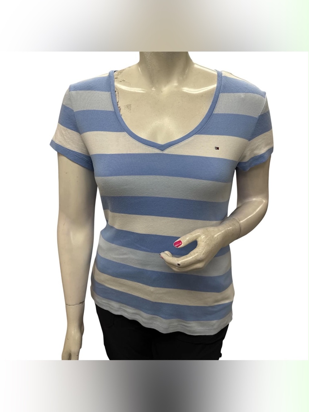 Tommy Hilfiger Blue & White Striped V‑Neck Short Sleeve Tee Size XL